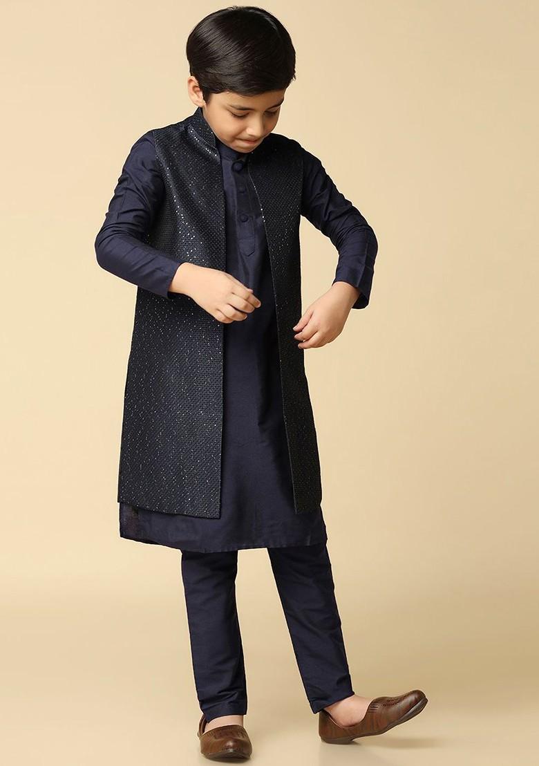 Navy Blue Sequinned Blended Kurta Set For Boys - Indya