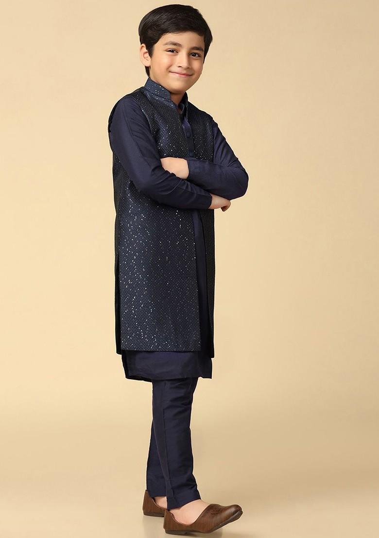 Navy Blue Sequinned Blended Kurta Set For Boys - Indya