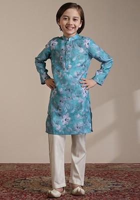 Turquoise Blue Printed Blended Kurta Set For Boys