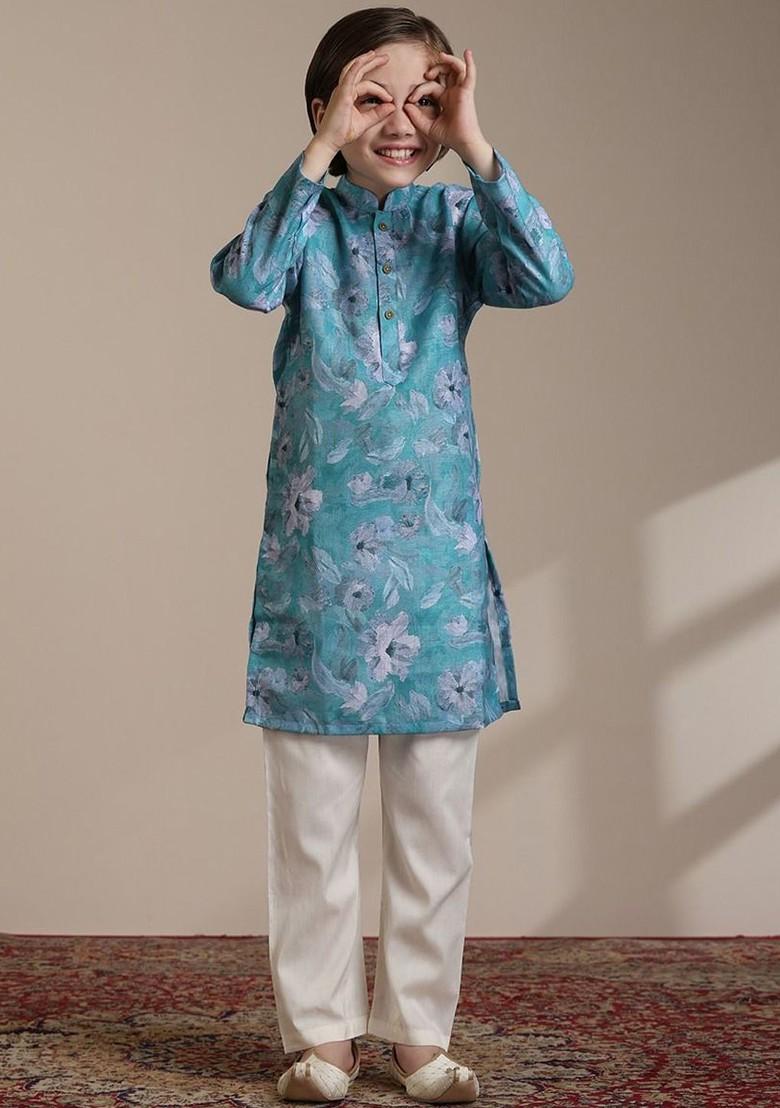Turquoise Blue Printed Blended Kurta Set For Boys - Indya