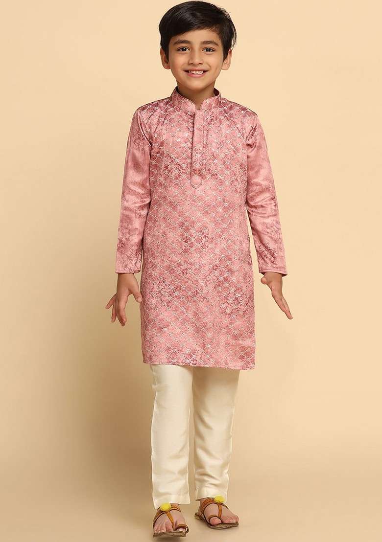 Pink Embroidered Blended Kurta Set For Boys - Indya