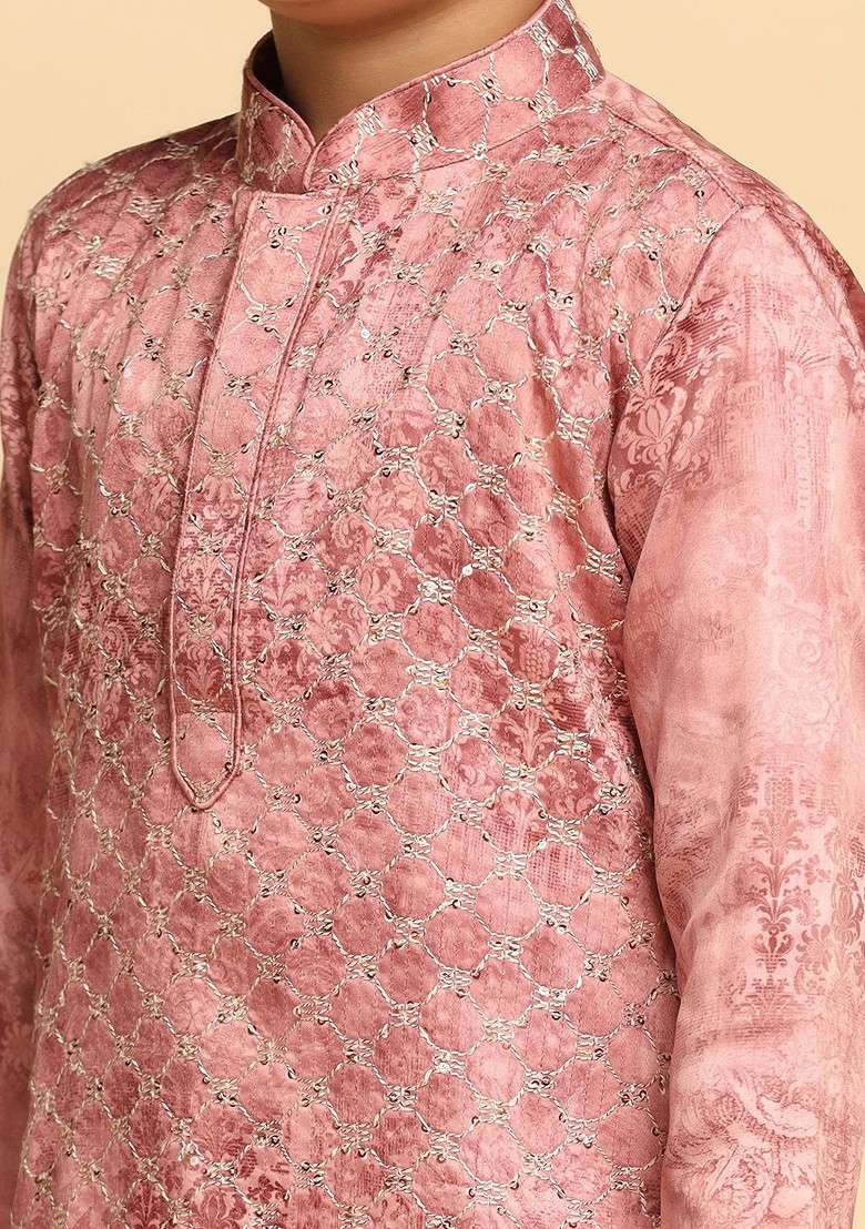 Pink Embroidered Blended Kurta Set For Boys - Indya