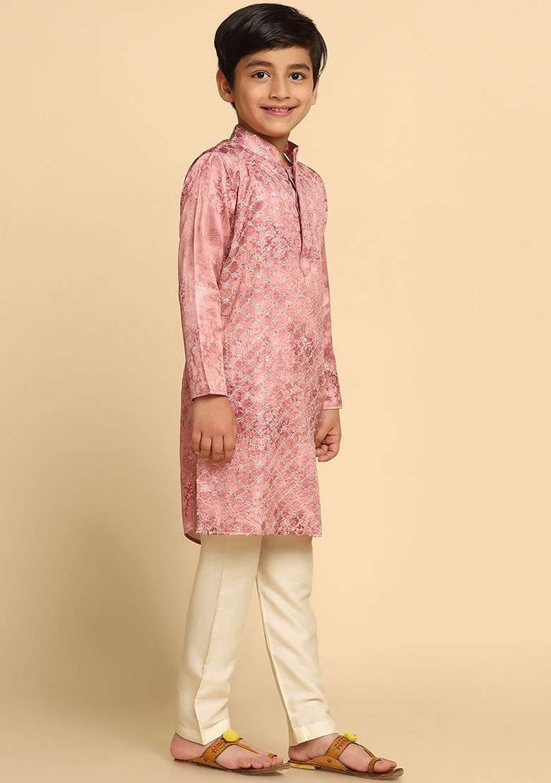 Pink Embroidered Blended Kurta Set For Boys - Indya