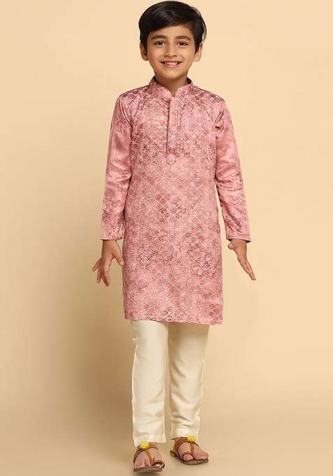 Pink Embroidered Blended Kurta Set For Boys