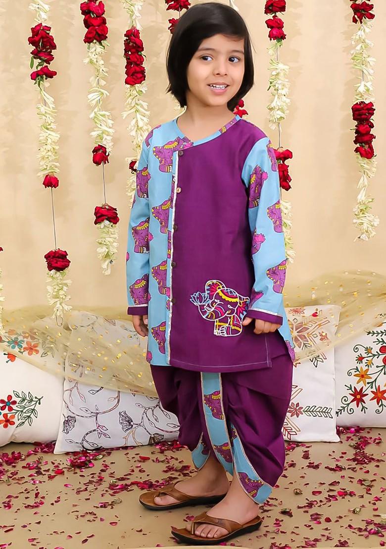 Purple Printed Blended Kurta Dhoti Set For Boys - Indya