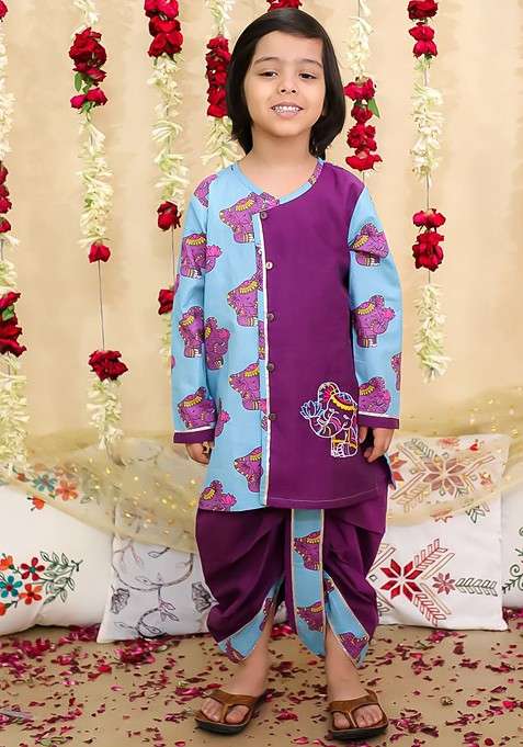 Purple Printed Blended Kurta Dhoti Set For Boys