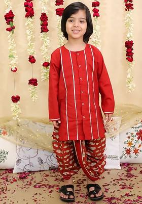 Maroon Striped Cotton Kurta Dhoti Set For Boys