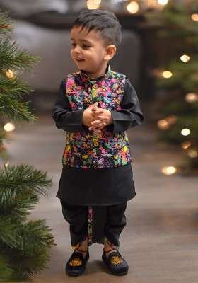 Black Embroidered Blended Kurta Dhoti Set For Boys