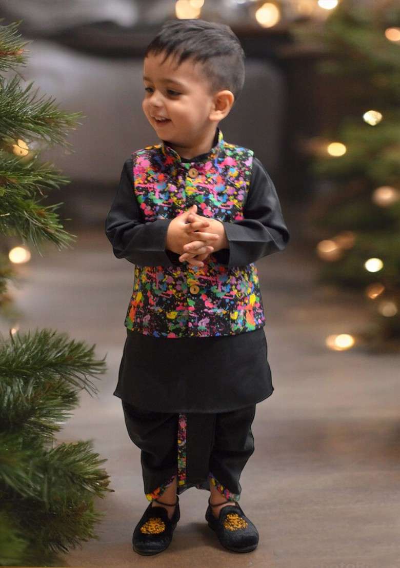 Black Embroidered Blended Kurta Dhoti Set For Boys - Indya