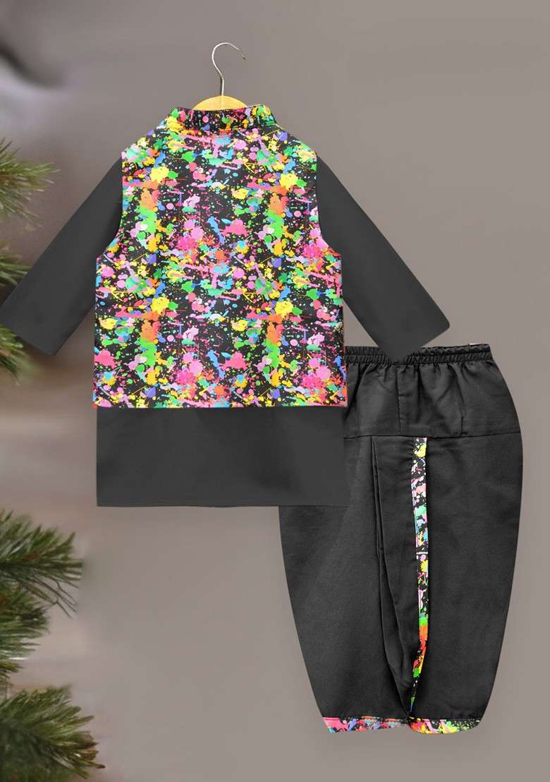 Black Embroidered Blended Kurta Dhoti Set For Boys - Indya
