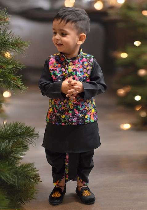 Black Embroidered Blended Kurta Dhoti Set For Boys