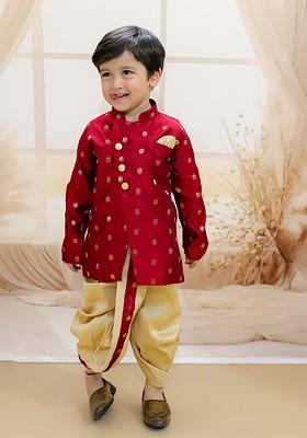 Maroon Printed Blended Kurta Dhoti Set For Boys