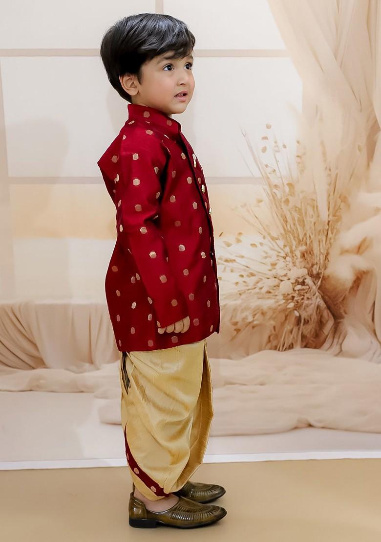 Maroon Printed Blended Kurta Dhoti Set For Boys - Indya