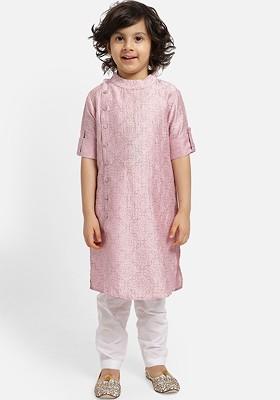 Pink Embroidered Blended Kurta Set For Boys