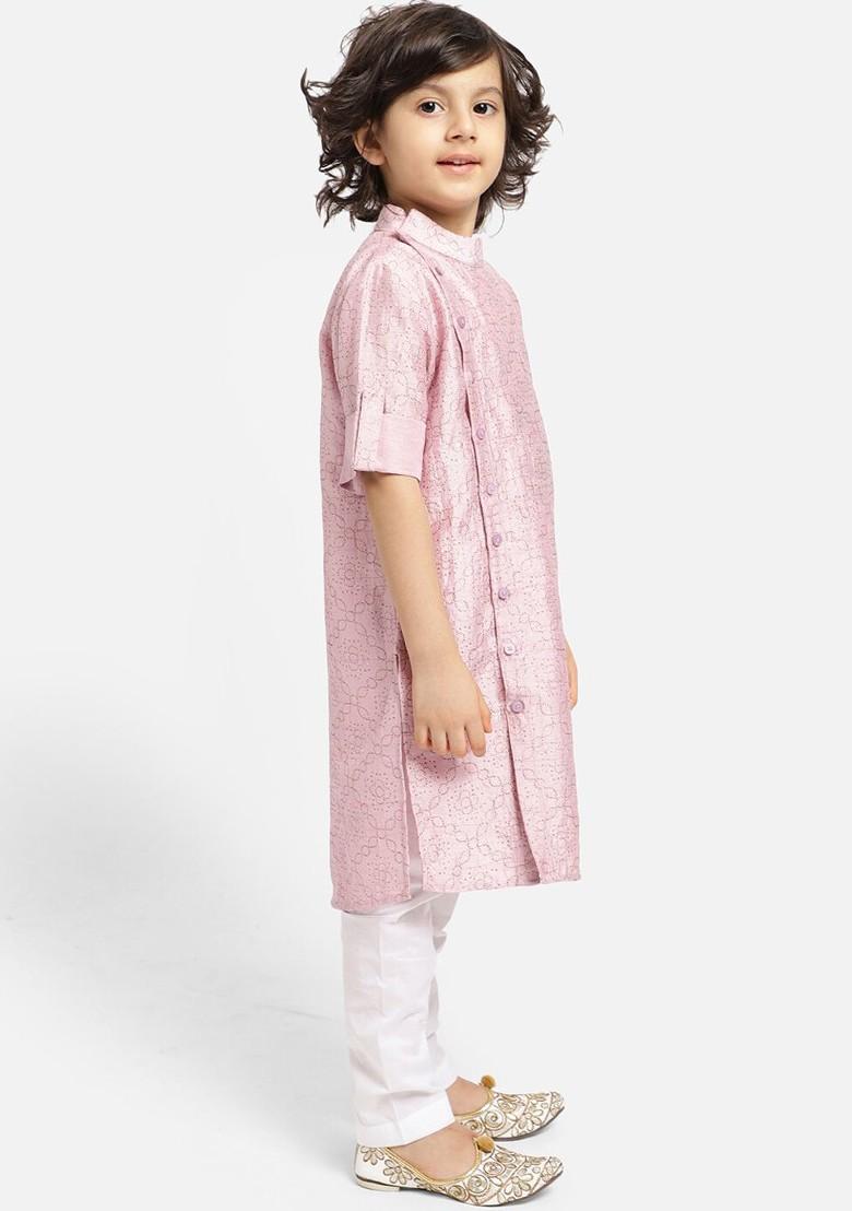 Pink Embroidered Blended Kurta Set For Boys - Indya