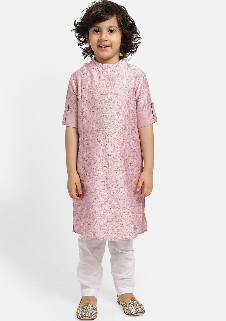 Pink Embroidered Blended Kurta Set For Boys - Indya