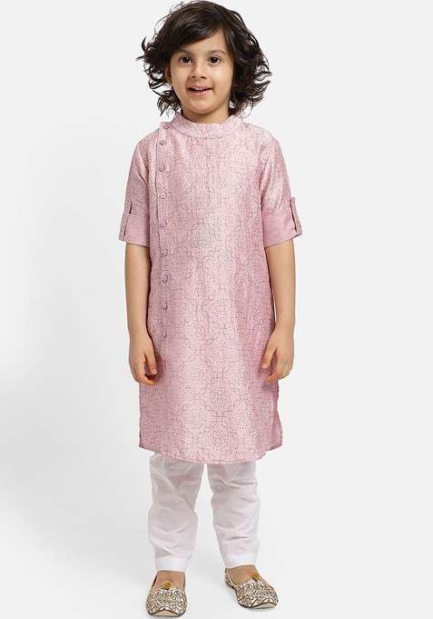 Pink Embroidered Blended Kurta Set For Boys