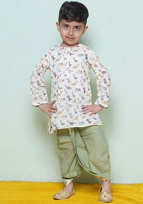 Olive Printed Cotton Kurta Dhoti Set For Boys