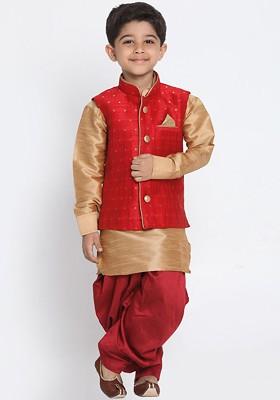 Gold Self Design Blended Kurta Dhoti Set For Boys