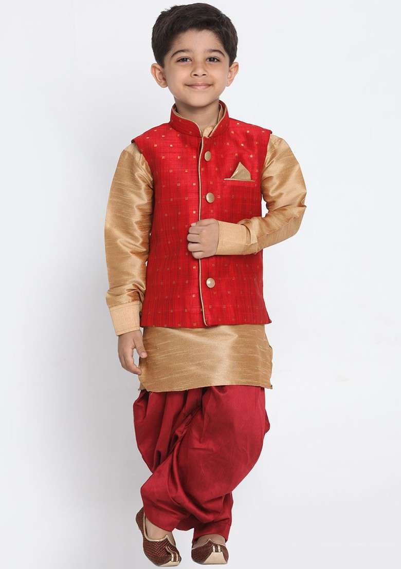 Gold Self Design Blended Kurta Dhoti Set For Boys - Indya