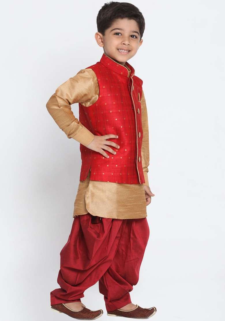 Gold Self Design Blended Kurta Dhoti Set For Boys - Indya