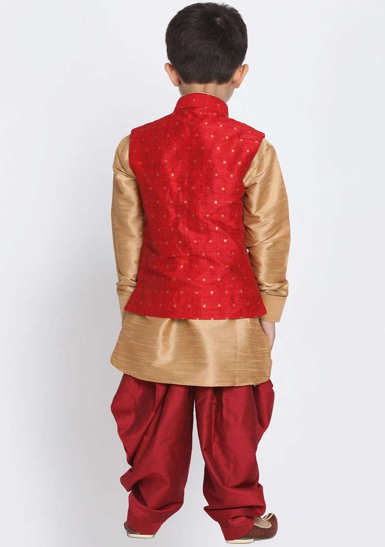 Gold Self Design Blended Kurta Dhoti Set For Boys - Indya
