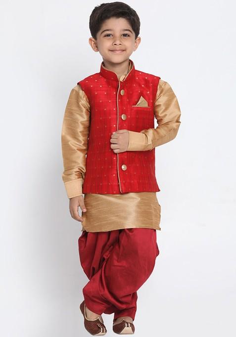Gold Self Design Blended Kurta Dhoti Set For Boys — view on Indya