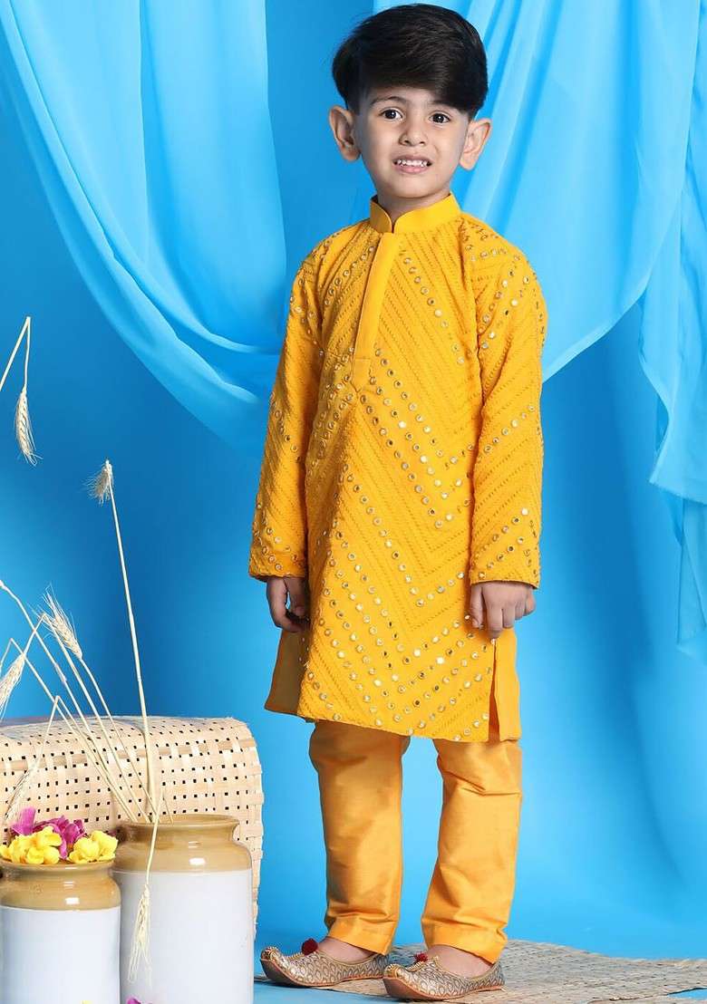 Yellow Embroidered Blended Kurta Set For Boys - Indya