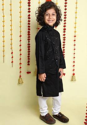 Black Sequinned Cotton Kurta Set For Boys