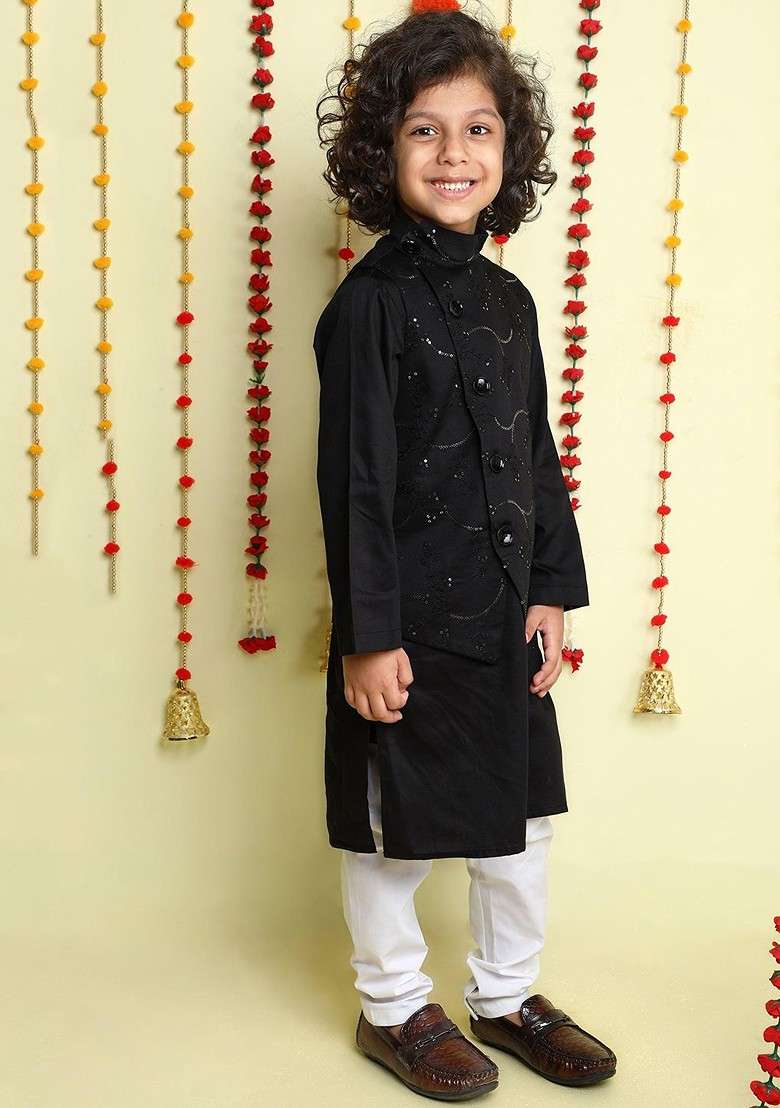 Black Sequinned Cotton Kurta Set For Boys - Indya