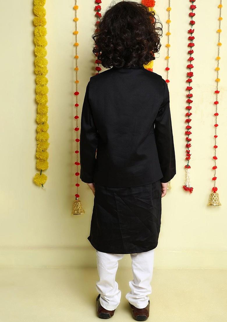 Black Sequinned Cotton Kurta Set For Boys - Indya