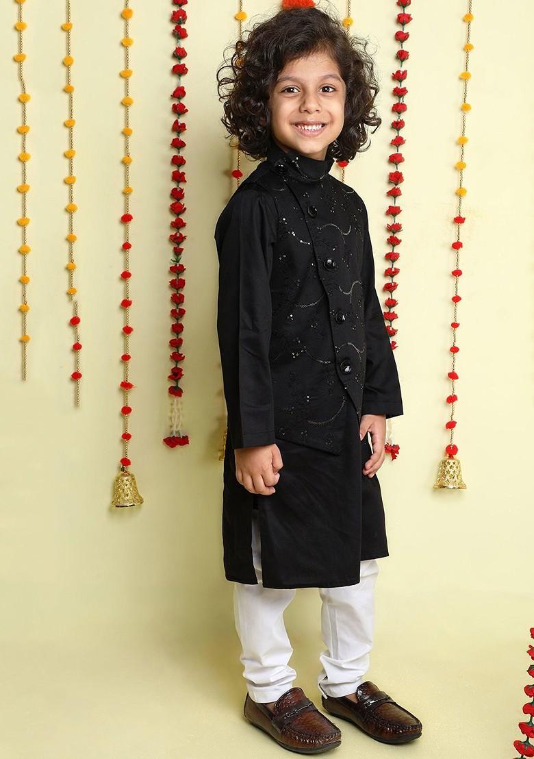 Black Sequinned Cotton Kurta Set For Boys - Indya