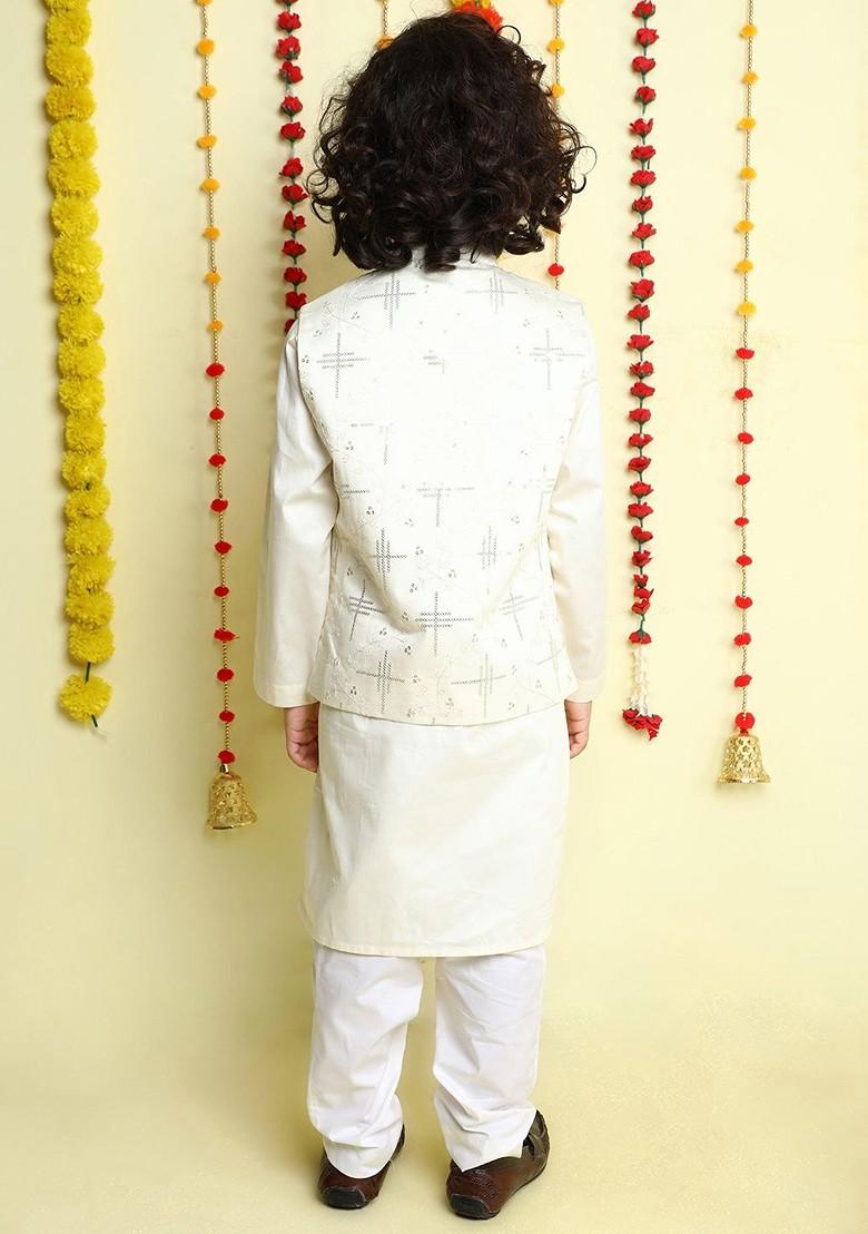 White Solid Cotton Kurta Set For Boys - Indya