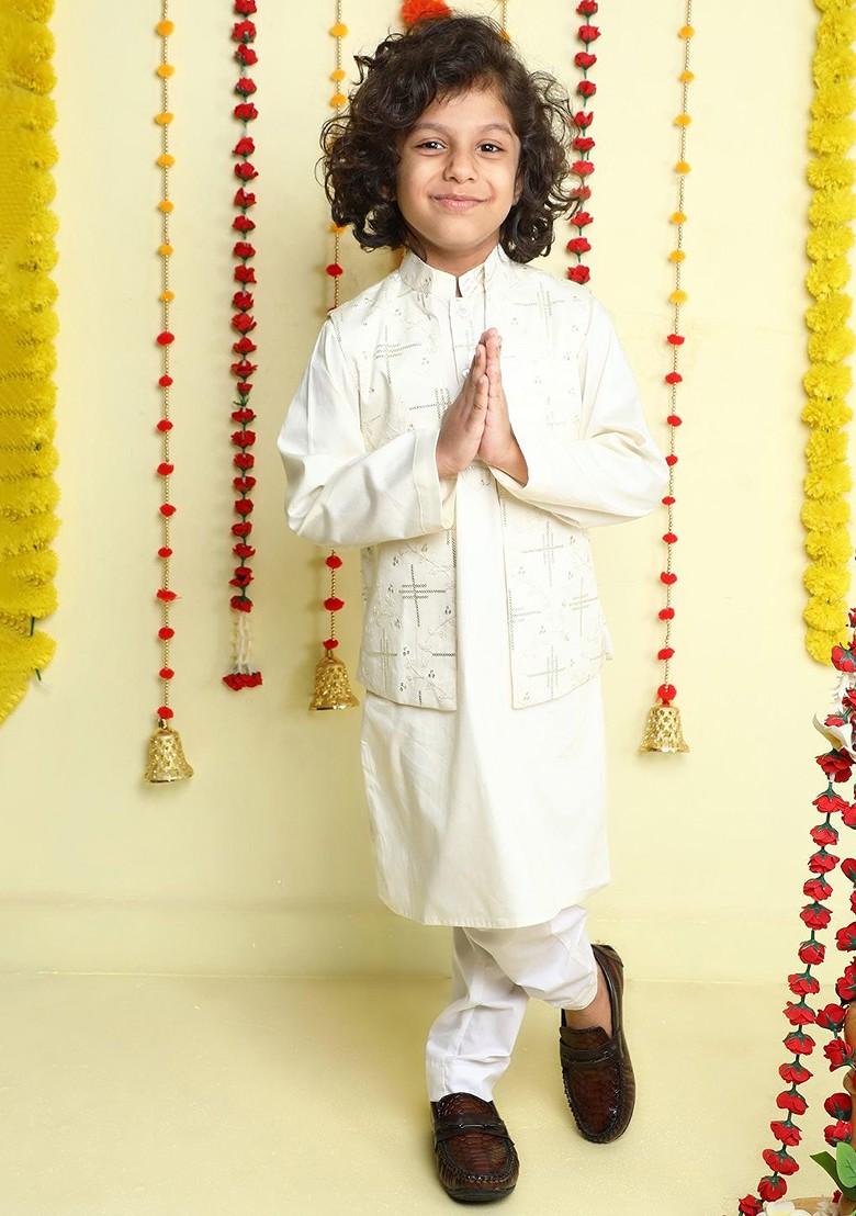 White Solid Cotton Kurta Set For Boys - Indya