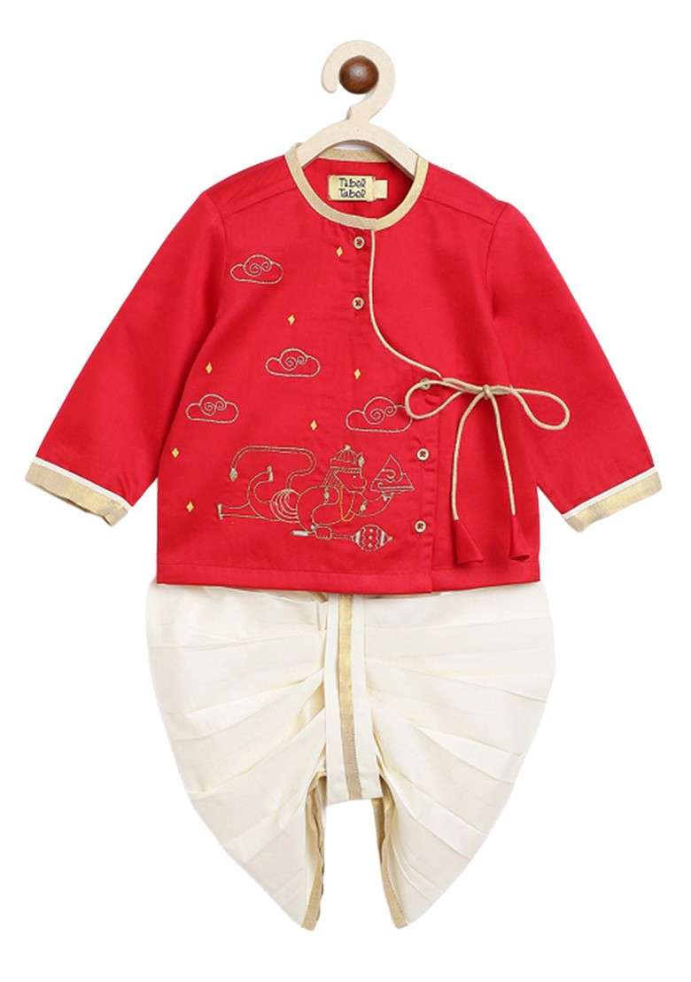 Red Embroidered Blended Kurta Dhoti Set For Boys - Indya