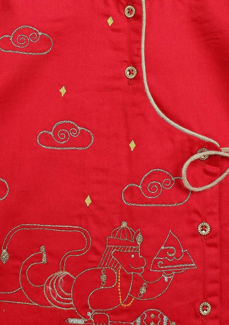 Red Embroidered Blended Kurta Dhoti Set For Boys - Indya