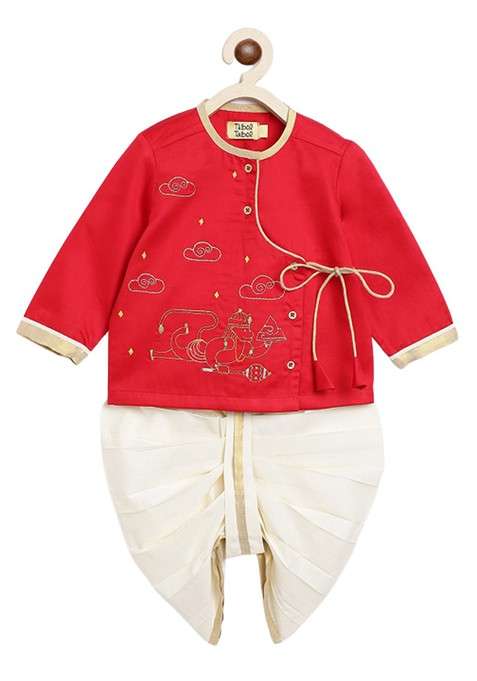 Red Embroidered Blended Kurta Dhoti Set For Boys