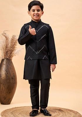 Black Embroidered Blended Nehru Jacket Set For Boys