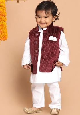 White Printed Cotton Nehru Jacket Set For Boys