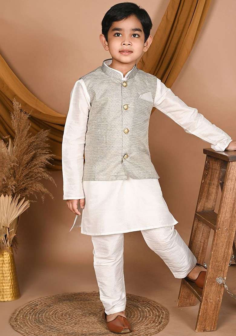 White Embroidered Blended Kurta Set For Boys - Indya
