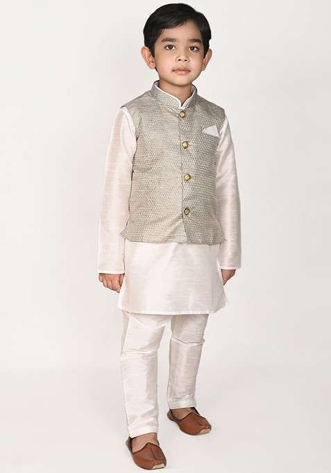 White Embroidered Blended Kurta Set For Boys