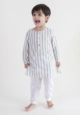 Grey Striped Cotton Kurta Set For Boys