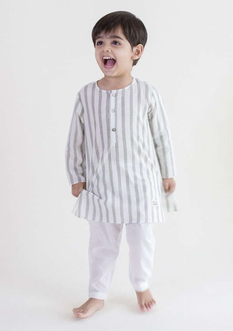 Grey Striped Cotton Kurta Set For Boys - Indya