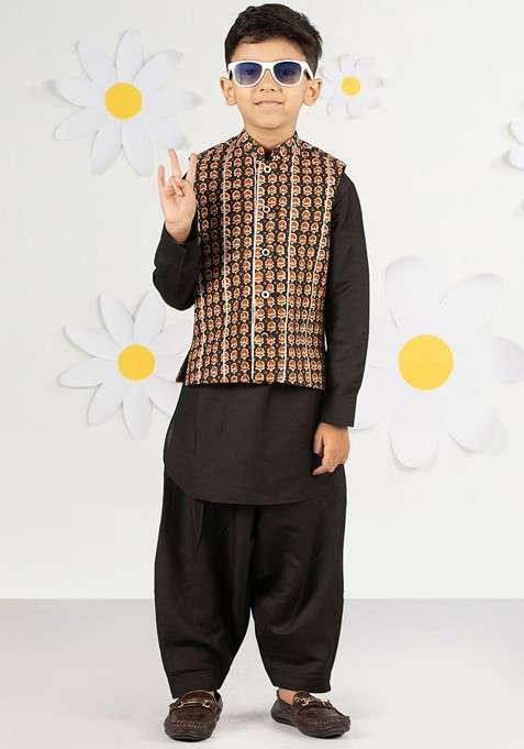 Black Printed Cotton Kurta Set For Boys