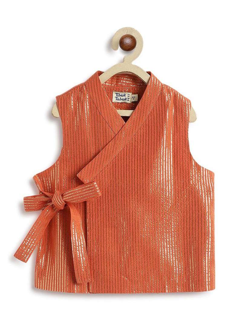 Orange Embroidered Blended Kurta Dhoti Set Wiith Jacket For Boys - Indya