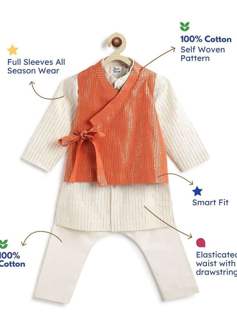 Orange Embroidered Blended Kurta Dhoti Set Wiith Jacket For Boys - Indya
