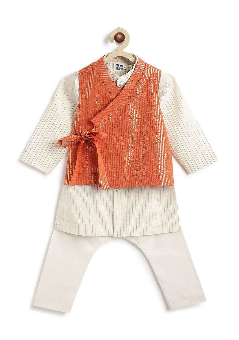 Orange Embroidered Blended Kurta Dhoti Set Wiith Jacket For Boys - Indya