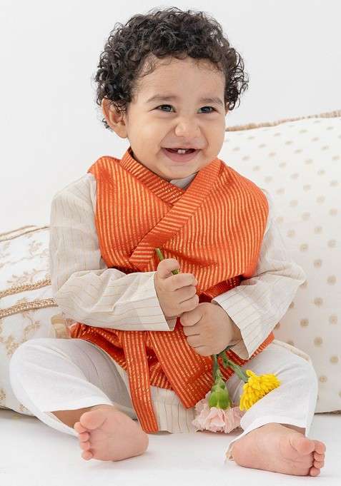 Orange Embroidered Blended Kurta Dhoti Set Wiith Jacket For Boys
