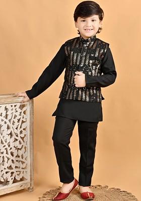 Black Sequinned Cotton Kurta Set For Boys