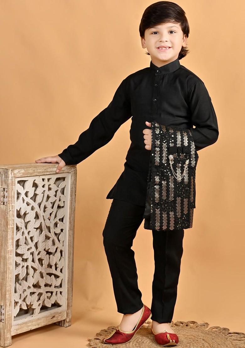 Black Sequinned Cotton Kurta Set For Boys - Indya